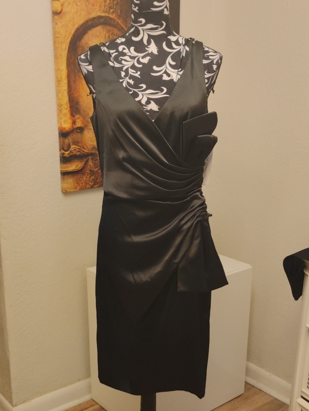 Maggy London Black Satin Draped Midi Dress